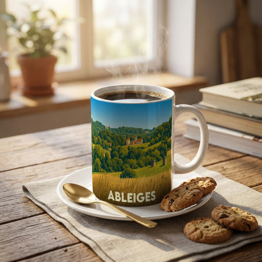 Mug souvenir de la ville d'Ableiges avec une illustration de paysages vallonnés.