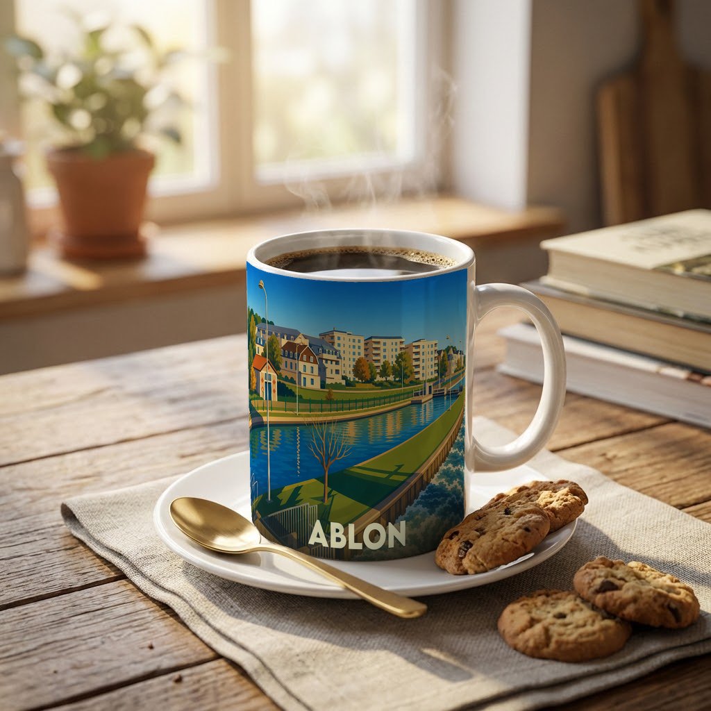 Mug souvenir de la ville d'Ablon avec une illustration stylisée d'un canal et de bâtiments colorés.