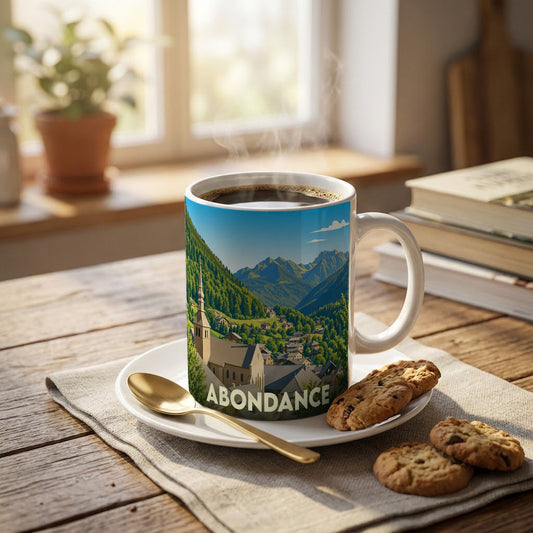 Mug souvenir de la ville d'Abondance illustré d'un paysage montagneux et d'une église pittoresque.