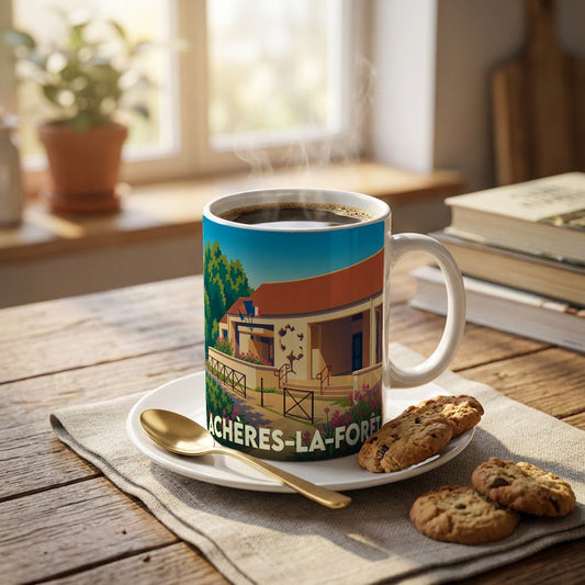 Mug souvenir de la ville d'Achères-la-Forêt avec une illustration stylisée de sa mairie.