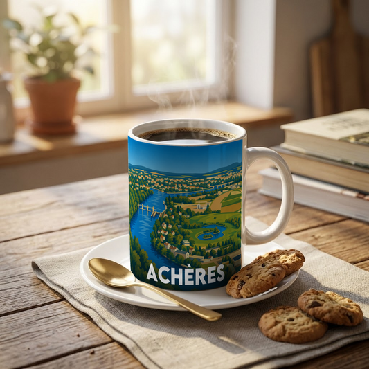 Mug souvenir de la ville d'Achères avec une illustration panoramique stylisée.