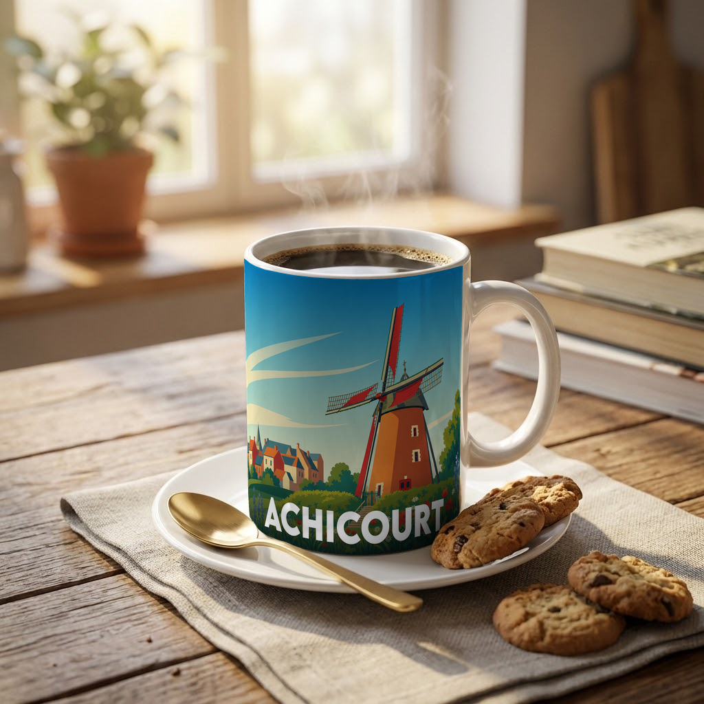 Mug souvenir de la ville d'Achicourt avec une illustration stylisée d'un moulin.