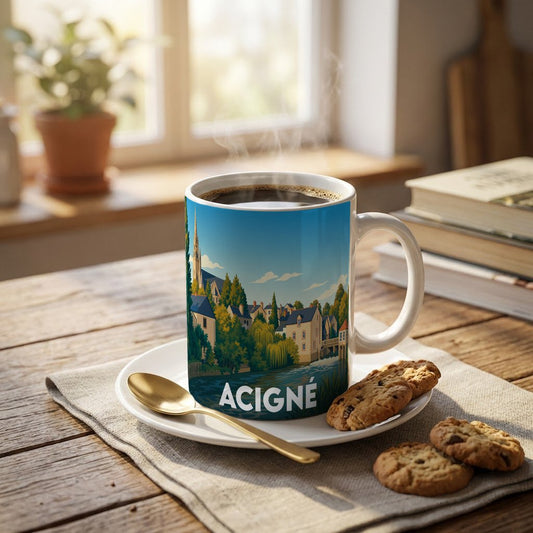 Mug souvenir de la ville d'Acigné avec une illustration stylisée d'un paysage urbain au bord de l'eau.