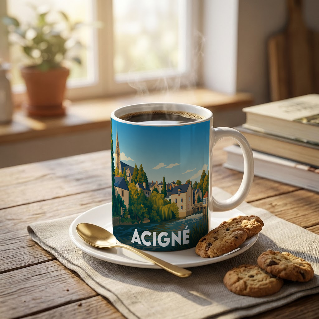 Mug souvenir de la ville d'Acigné avec une illustration stylisée d'un paysage urbain au bord de l'eau.