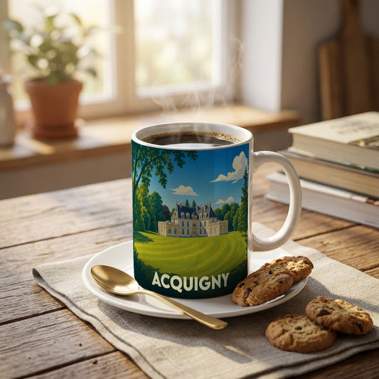 Mug souvenir de la ville d'Acquigny avec une illustration stylisée d'un château.