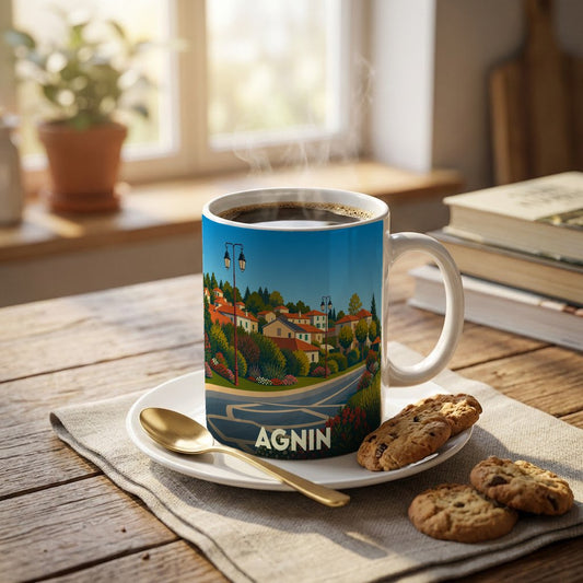 Mug souvenir de la ville d'Agnin orné d'une illustration stylisée de son paysage urbain.