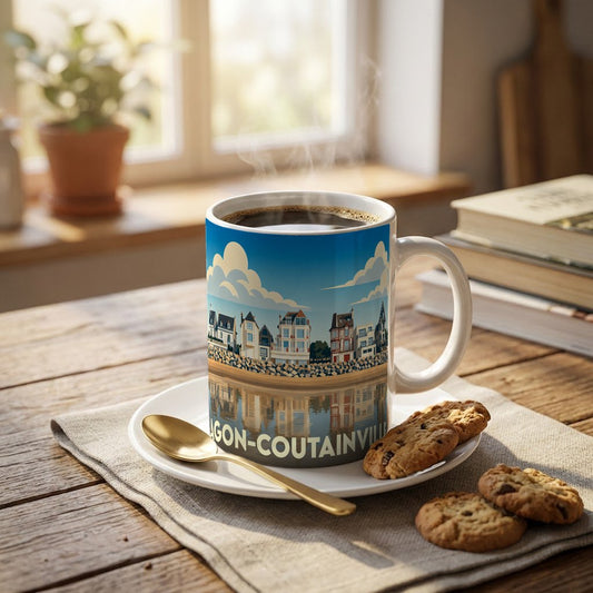 Mug souvenir de la ville d'Agon-Coutainville orné d'une illustration stylisée de son front de mer.