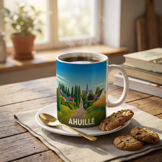 Mug souvenir de la ville d'Ahuillé avec une illustration stylisée de son paysage urbain et sa campagne.