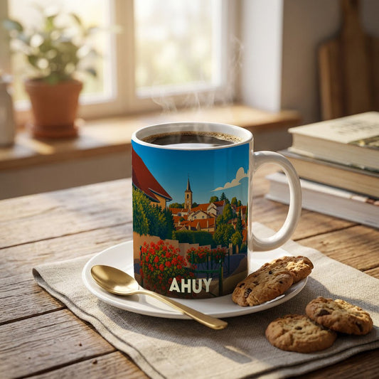 Mug souvenir de la ville d'Ahuy avec une illustration stylisée et colorée.