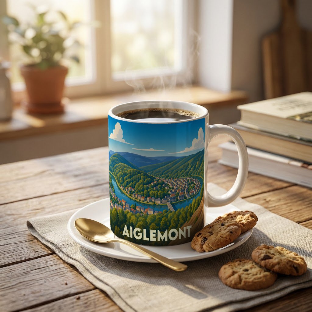 Mug souvenir de la ville d'Aiglemont orné d'une illustration panoramique et stylisée de la commune.