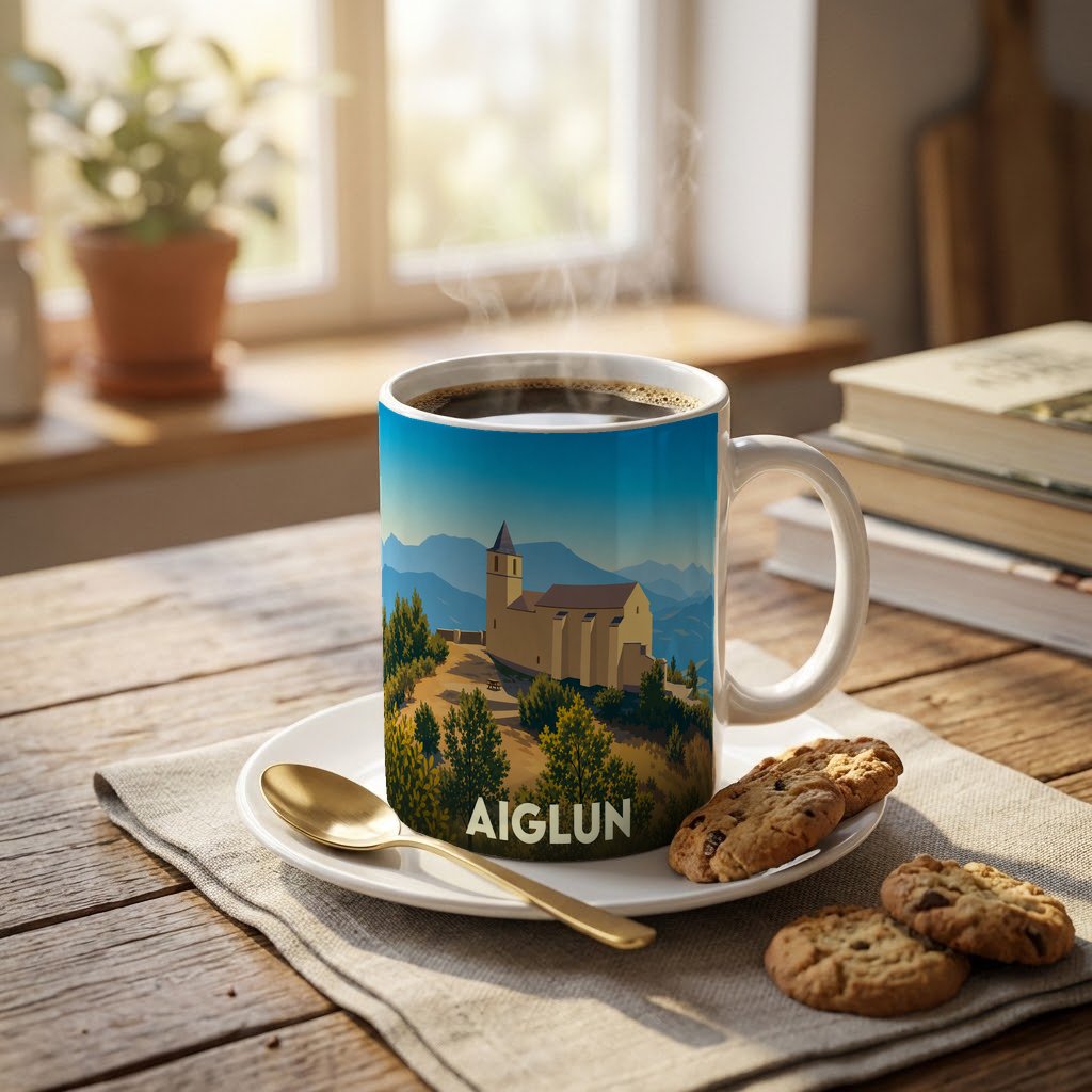 Mug souvenir de la ville d'Aiglun avec une illustration stylisée d'une église de montagne sous un ciel bleu.