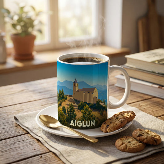 Mug souvenir de la ville d'Aiglun avec une illustration stylisée d'une église de montagne sous un ciel bleu.