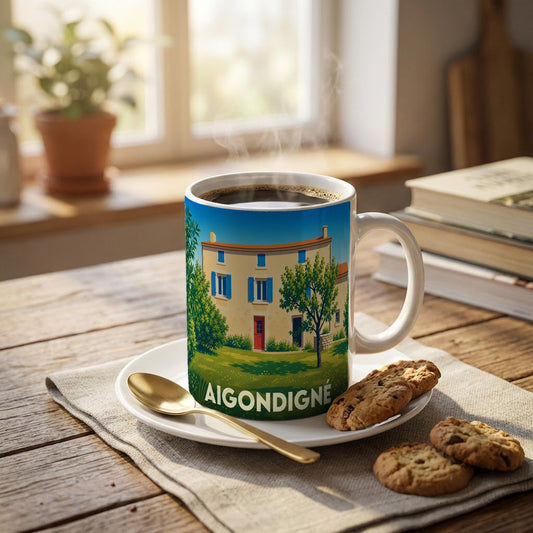 Mug souvenir de la ville d'Aigondigné orné d'une illustration stylisée d'une maison de campagne.