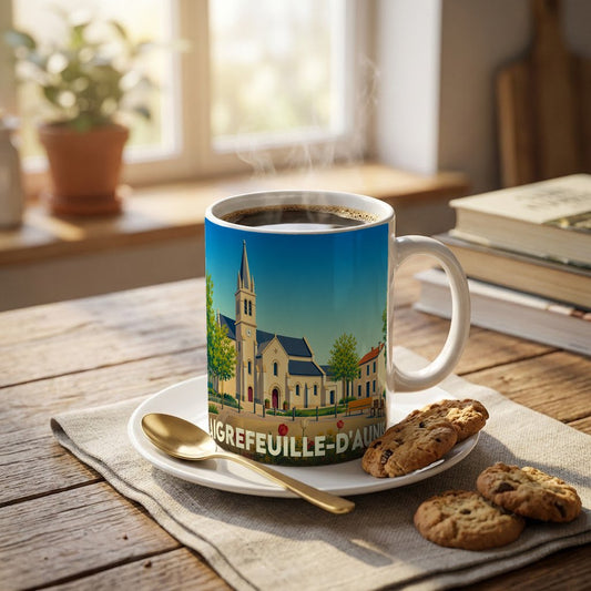 Mug souvenir de la ville d'Aigrefeuille-d'Aunis orné d'une illustration stylisée de son église.