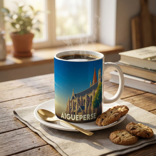 Mug souvenir de la ville d'Aigueperse orné d'une illustration stylisée de son église.
