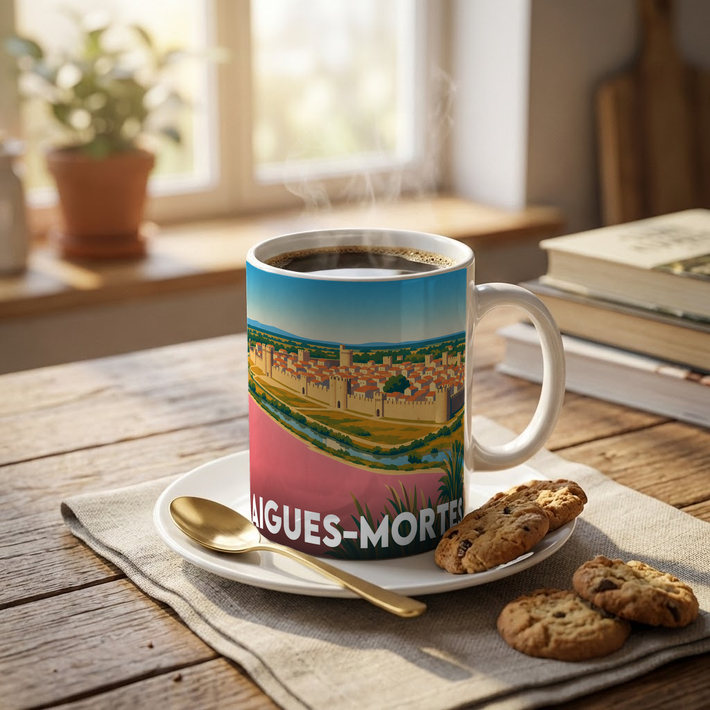 Mug souvenir de la ville d'Aigues-Mortes avec une illustration stylisée de ses remparts.