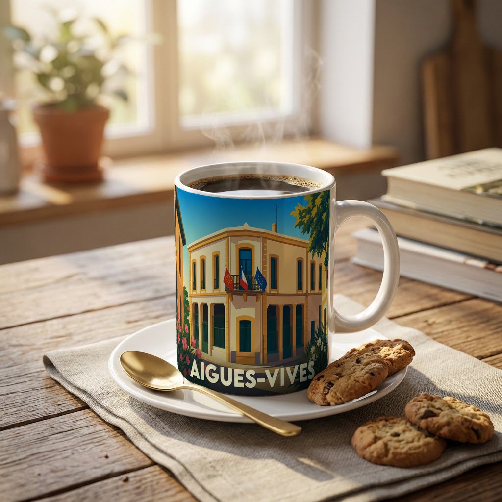 Mug souvenir de la ville d'Aigues-Vives orné d'une illustration stylisée de son hôtel de ville.