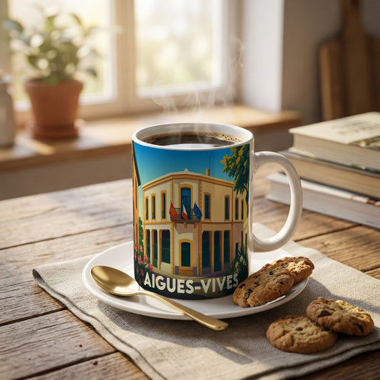 Mug souvenir de la ville d'Aigues-Vives orné d'une illustration stylisée de son hôtel de ville.