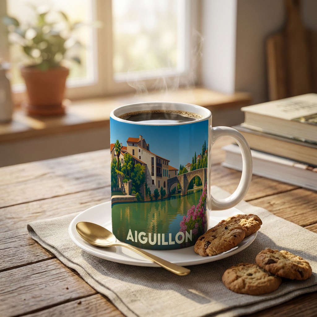 Mug souvenir de la ville d'Aiguillon orné d'une illustration stylisée d'un pont et de maisons au bord de l'eau.