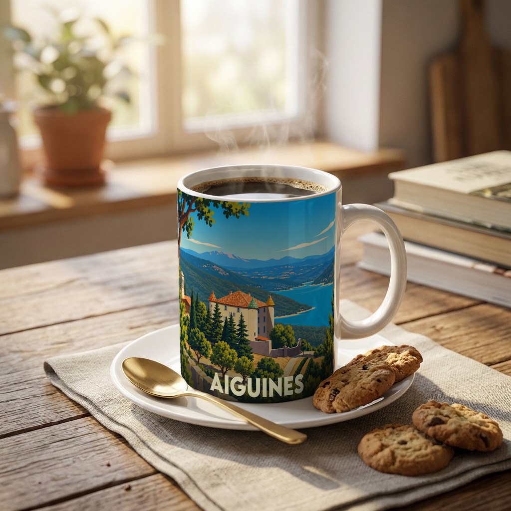 Mug souvenir de la ville d'Aiguines avec une illustration colorée représentant son château et le lac de Sainte-Croix.