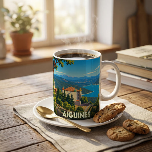 Mug souvenir de la ville d'Aiguines avec une illustration colorée représentant son château et le lac de Sainte-Croix.