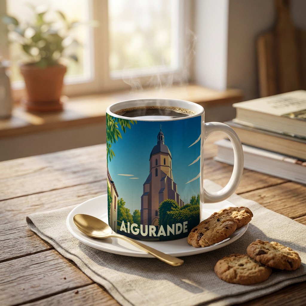 Mug souvenir de la ville d'Aigurande avec une illustration stylisée de son église.