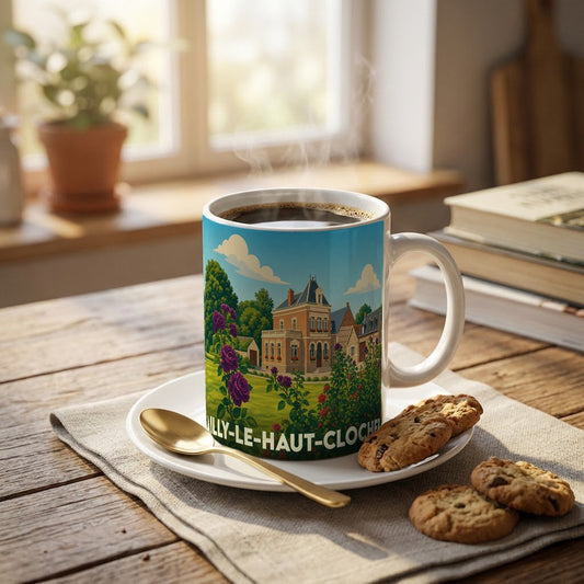 Mug souvenir de la ville d'Ailly-le-Haut-Clocher orné d'une illustration colorée d'un manoir et de jardins.