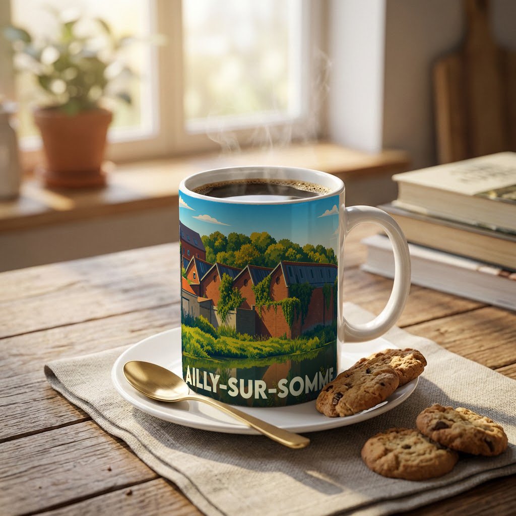 Mug souvenir de la ville de Ailly-sur-Somme avec une illustration de bâtiments industriels au bord de l'eau.