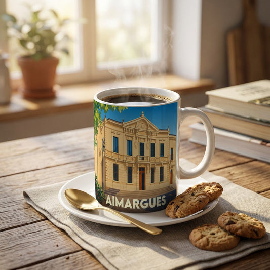 Mug souvenir de la ville d'Aimargues arborant une illustration stylisée de son architecture.
