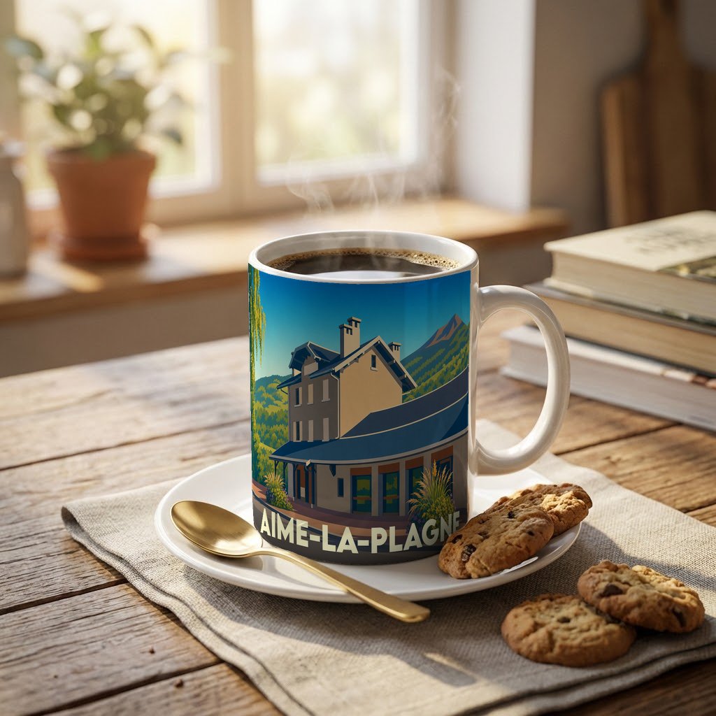 Mug souvenir de la ville d'Aime-la-Plagne avec une illustration stylisée de sa gare de montagne.