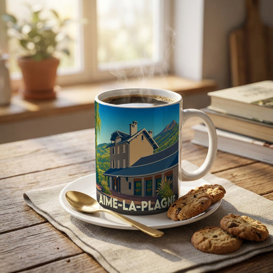 Mug souvenir de la ville d'Aime-la-Plagne avec une illustration stylisée de sa gare de montagne.