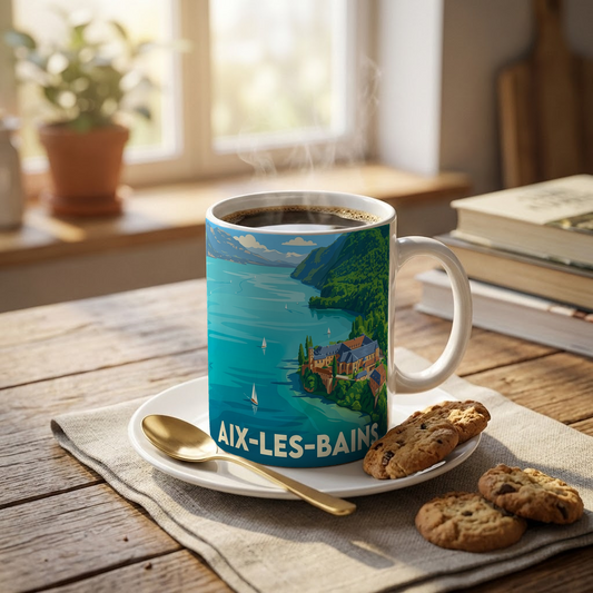 Mug souvenir de la ville d'Aix-les-Bains avec une illustration stylisée du lac et des montagnes.