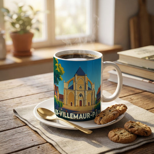 Mug souvenir de la ville d'Aix-Villemaur-Pâlis orné d'une illustration stylisée de sa collégiale.