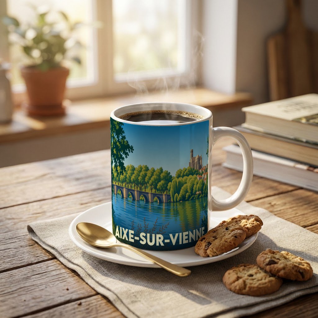 Mug souvenir de la ville de Aixe-sur-Vienne avec une illustration stylisée d'un pont et de son église.