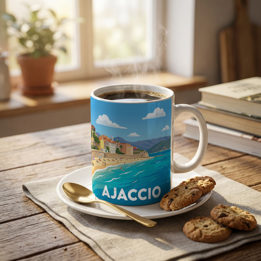 Mug souvenir de la ville d'Ajaccio avec une illustration stylisée du bord de mer.