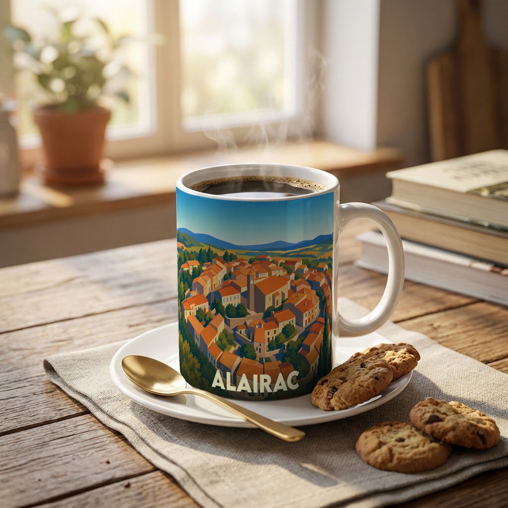 Mug souvenir de la ville d'Alairac orné d'une illustration stylisée du village circulaire.