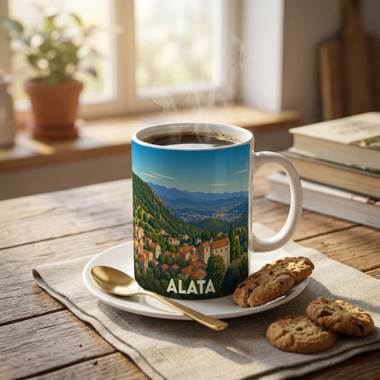 Mug souvenir de la ville d'Alata avec une illustration stylisée d'un village corse niché dans la montagne.