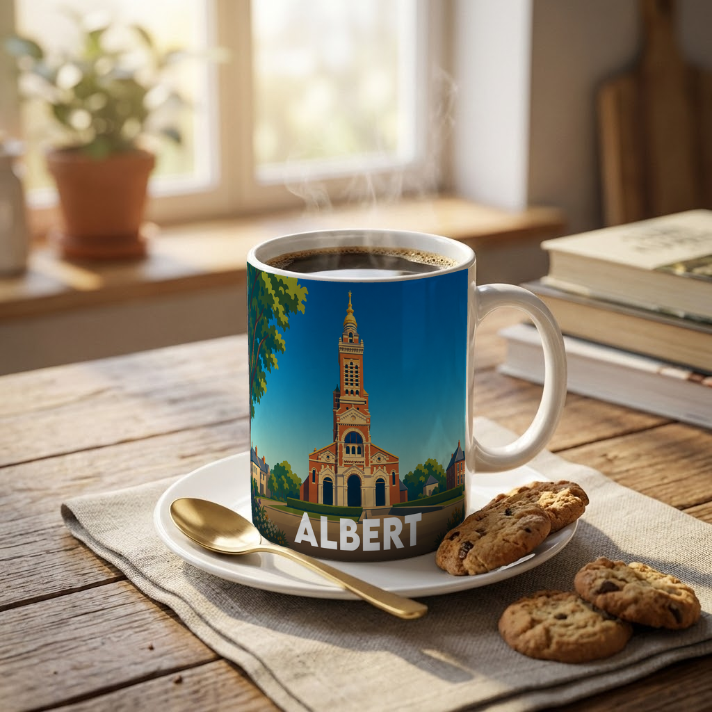Mug souvenir de la ville d'Albert avec une illustration stylisée de sa basilique.