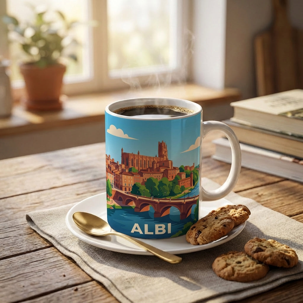 Mug souvenir de la ville d'Albi avec une illustration stylisée de son centre historique.