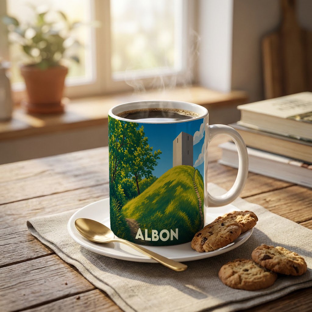 Mug souvenir de la ville d'Albon avec une illustration stylisée d'un château sur une colline verdoyante.