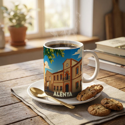 Mug souvenir de la ville d'Alénya avec une illustration stylisée d'un bâtiment emblématique.