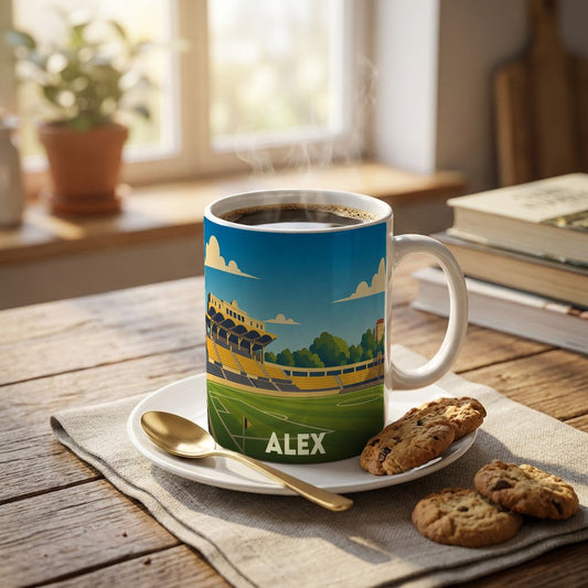 Mug souvenir de la ville d'Alex avec une illustration stylisée d'un stade de football.