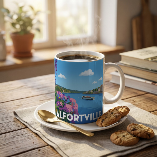 Mug souvenir de la ville d'Alfortville avec une illustration stylisée d'un paysage au bord de l'eau.