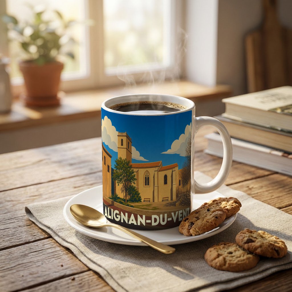Mug souvenir de la ville d'Alignan-du-Vent orné d'une illustration stylisée de son église.