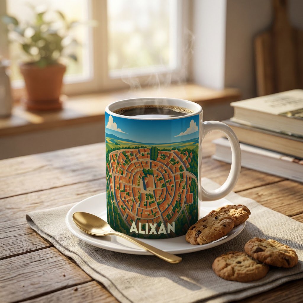 Mug souvenir de la ville d'Alixan orné d'une illustration stylisée de son plan circulaire.