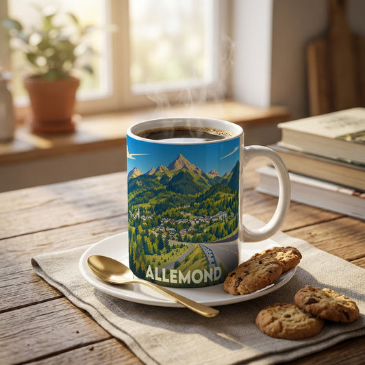 Mug souvenir de la ville d'Allemond avec une illustration stylisée d'un paysage de montagne.