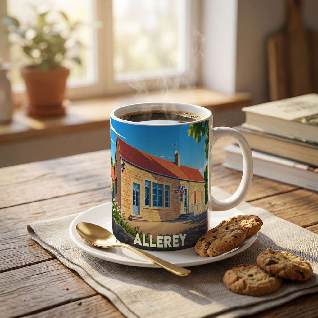 Mug souvenir de la ville d'Allerey orné d'une illustration stylisée de sa mairie.