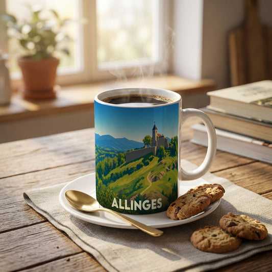 Mug souvenir de la ville d'Allinges orné d'une illustration stylisée de son château et de ses collines.