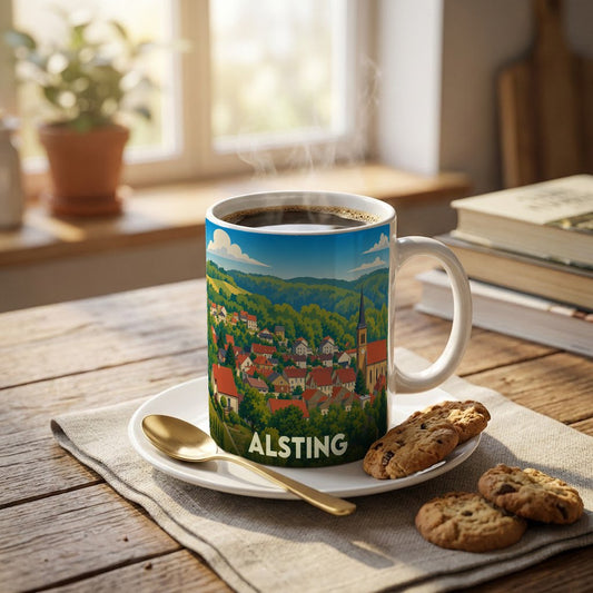Mug souvenir de la ville d'Alsting illustré d'un paysage urbain coloré.
