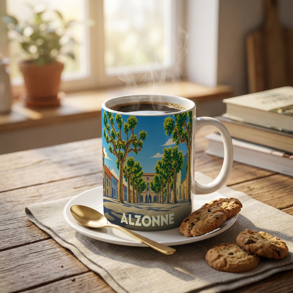 Mug souvenir de la ville d'Alzonne avec une illustration stylisée d'une allée d'arbres.